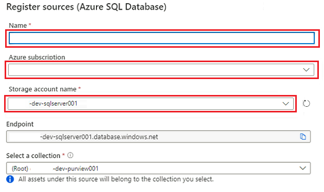 Capture d’écran présentant le formulaire Inscrire SQL Database, avec les valeurs en surbrillance.