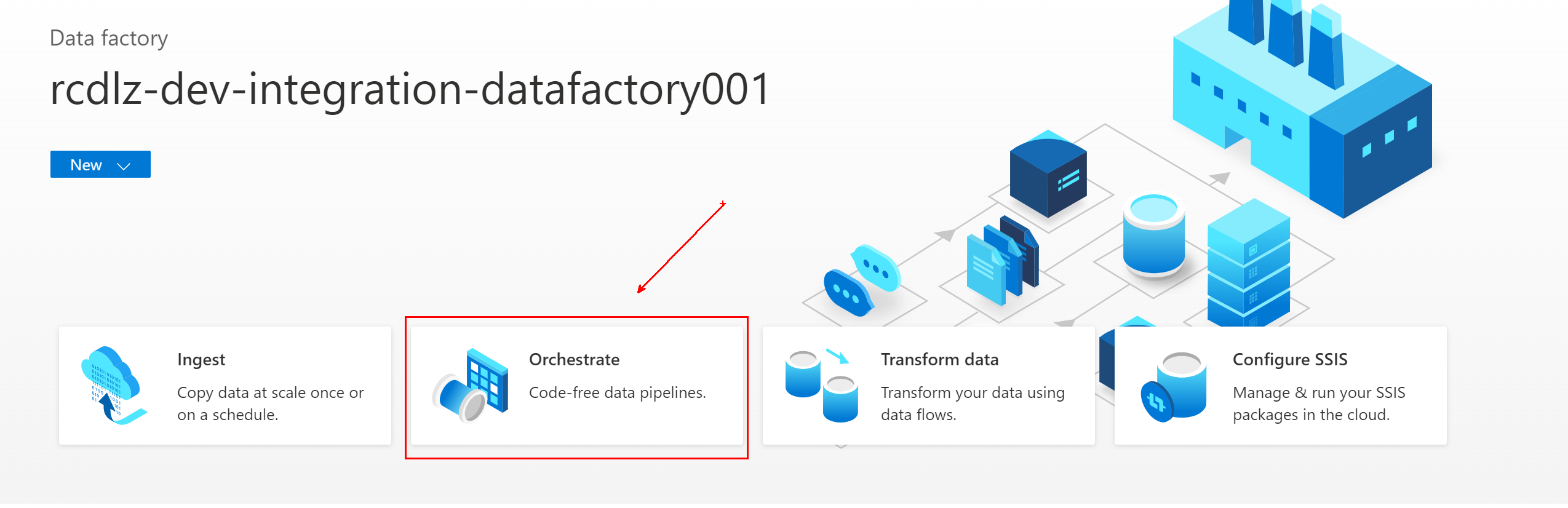 Capture d’écran montrant le bouton Orchestrer dans Azure Data Factory