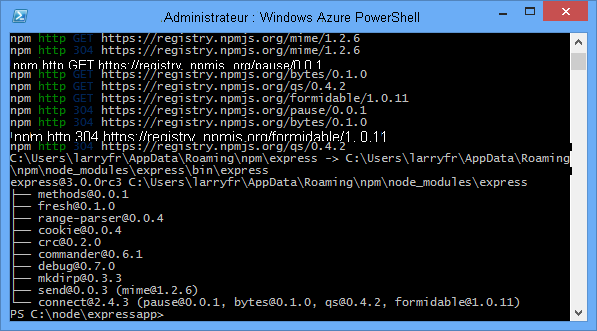 Windows PowerShell affichant le résultat de la commande npm install express.