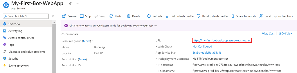 Capture d’écran montrant comment copier l’URL du point de terminaison d’application web.