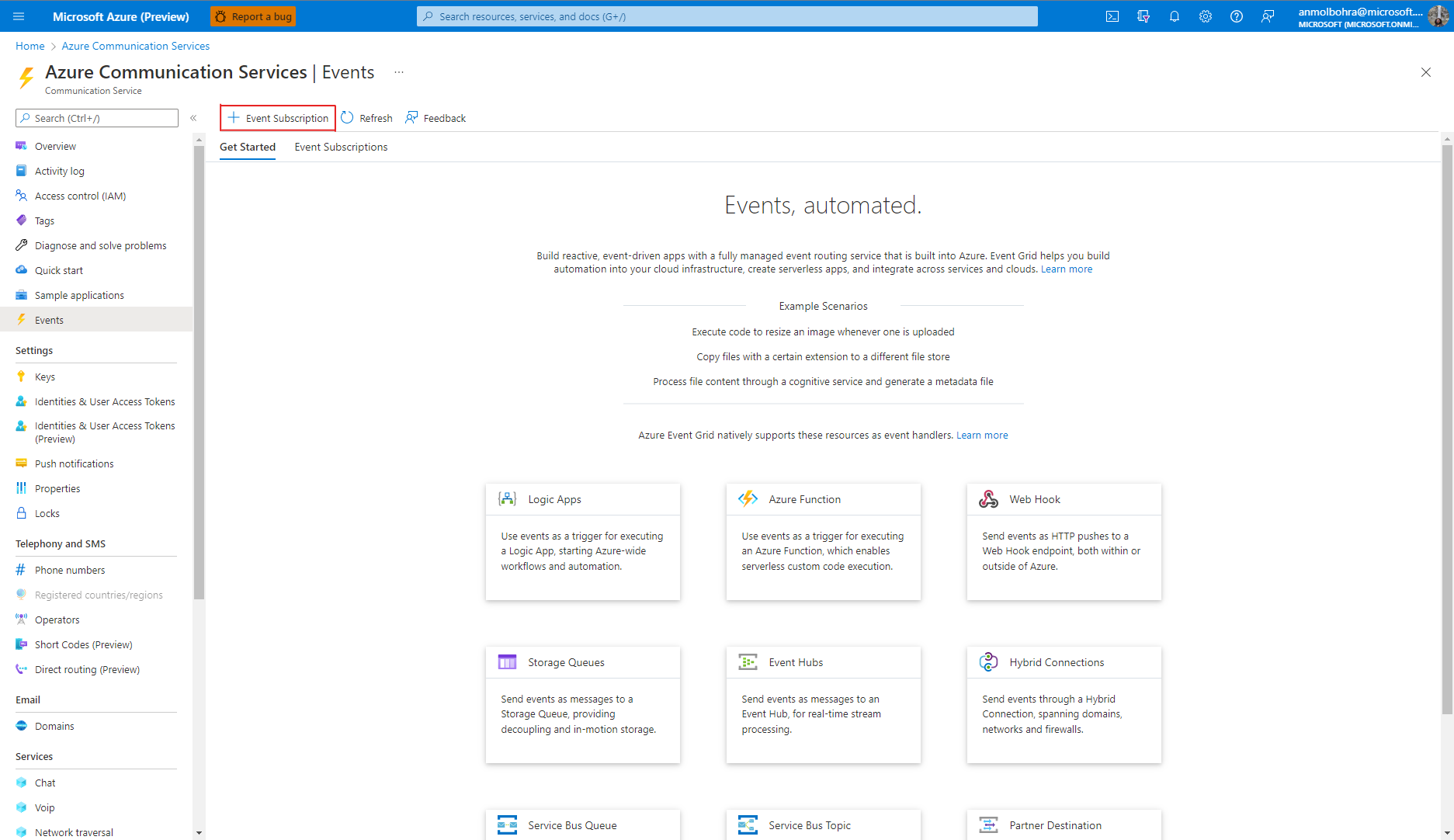 Capture d’écran montrant la page Événements d’une ressource Azure Communication Services. Le bouton Abonnement aux événements est mis en évidence.