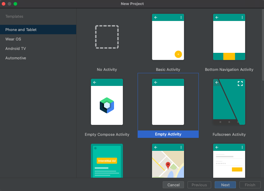 Capture d’écran montrant la boîte de dialogue Nouveau projet dans Android Studio avec l’option Activité vide sélectionnée.