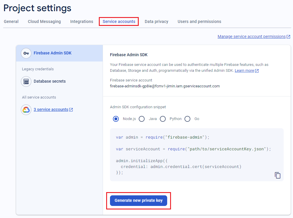 Capture d’écran montrant comment générer une nouvelle clé privée pour FMC v1 dans la console Firebase.