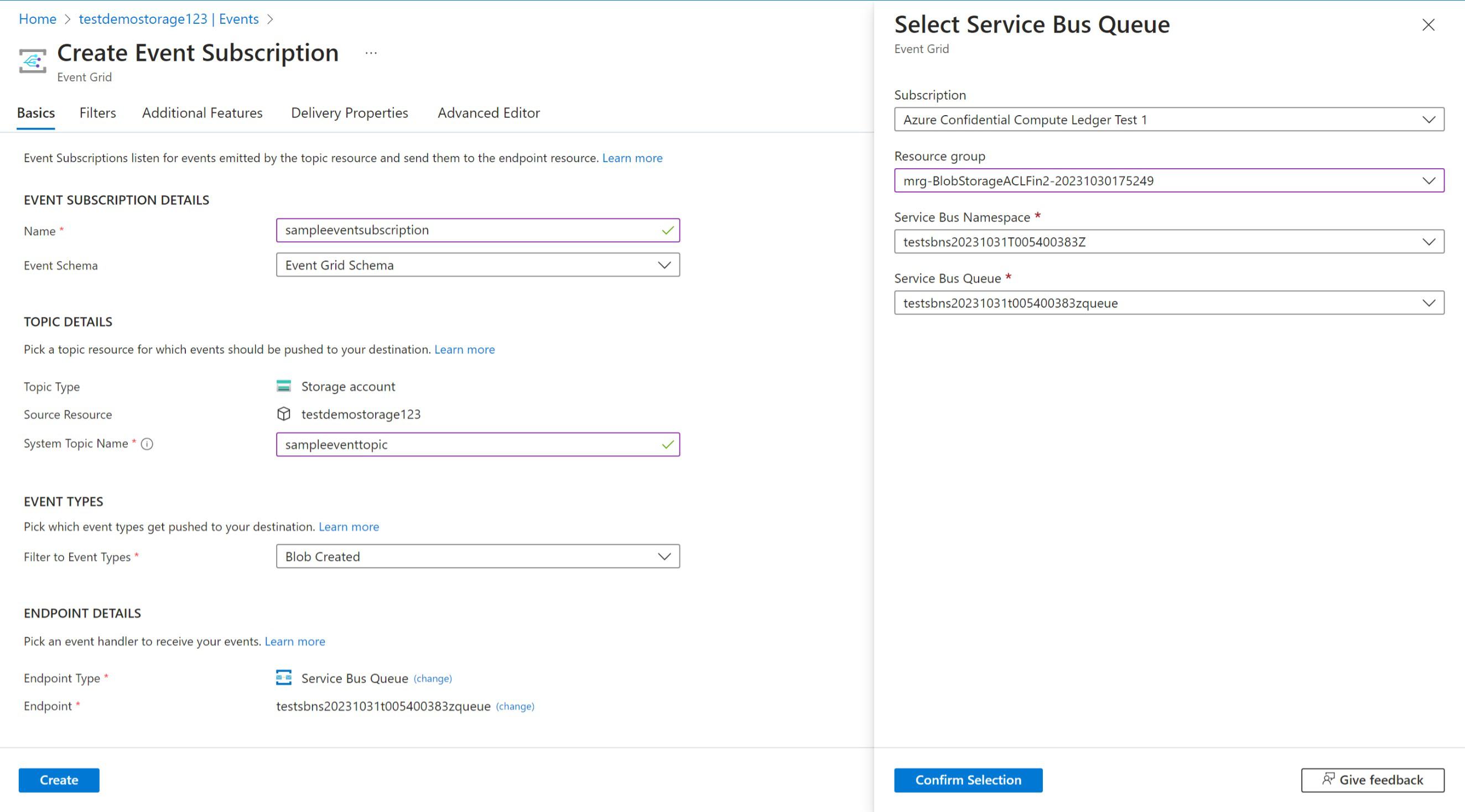 Capture d’écran du portail Azure dans un navigateur web, montrant comment configurer un abonnement aux événements de stockage.