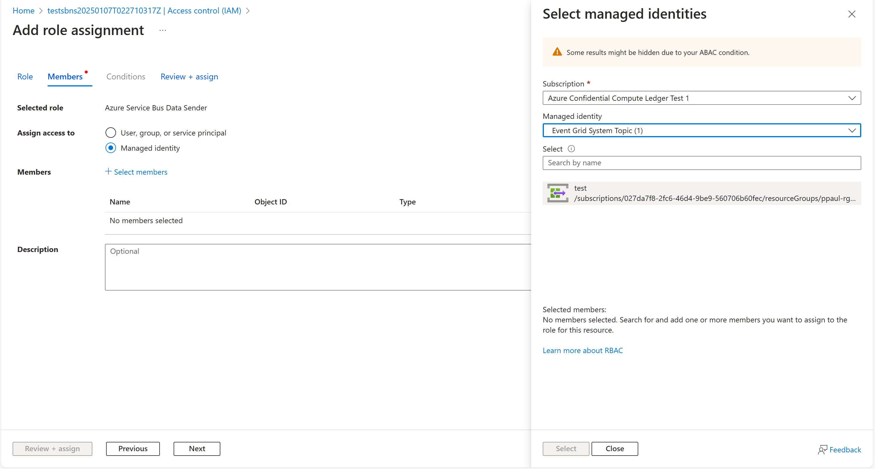 Capture d’écran du portail Azure dans un navigateur web, montrant comment configurer un rôle Service Bus.