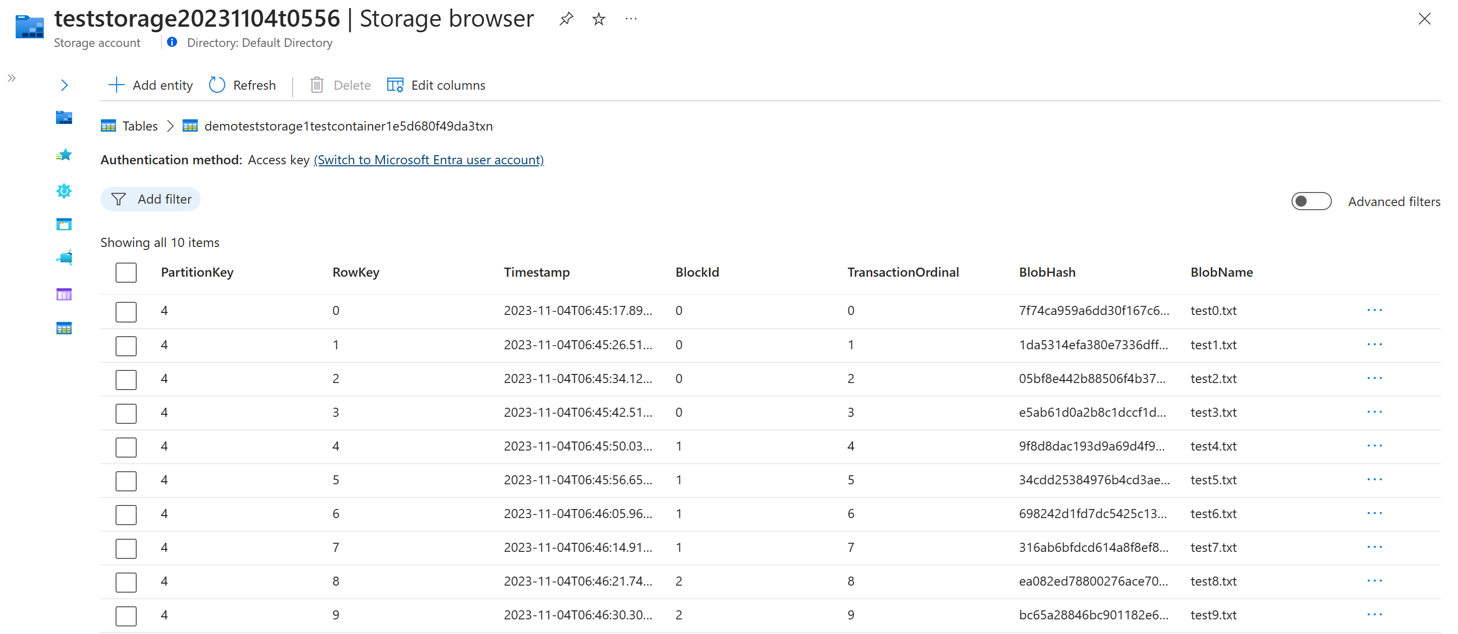 Capture d’écran du portail Azure dans un navigateur web, montrant la table de transactions où les hachages d’objets blob sont stockés.