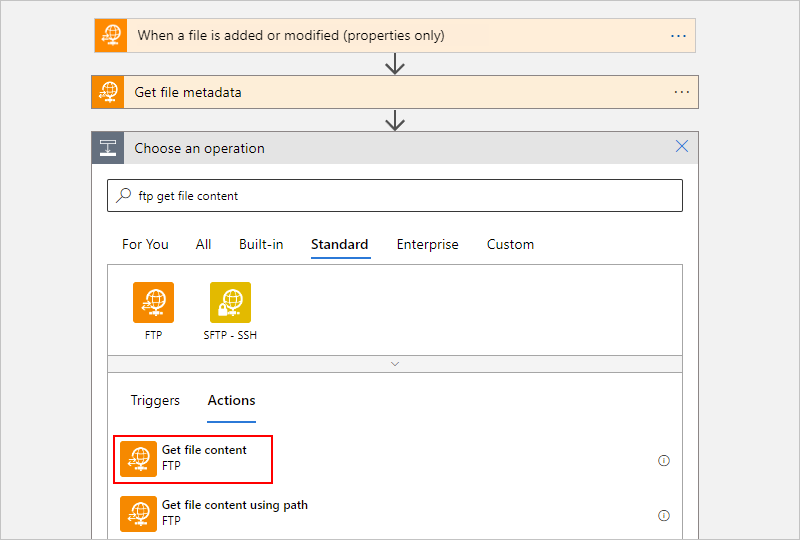 Capture d’écran montrant le portail Azure, le concepteur de flux de travail Consommation, la zone de recherche avec l’entrée « ftp obtenir contenu fichier » et l’action « Obtenir le contenu du fichier » sélectionnée.