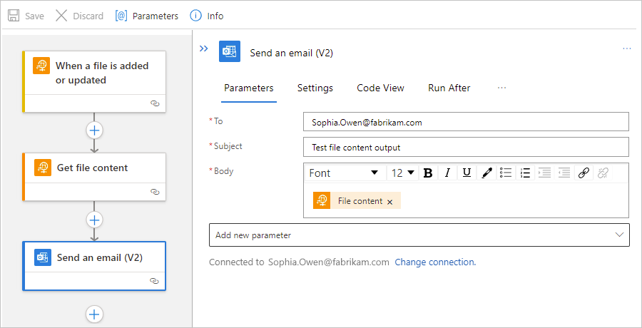 Capture d’écran montrant le concepteur de flux de travail Standard et l’action « Envoyer un e-mail » avec la sortie de l’action « Contenu du fichier ».