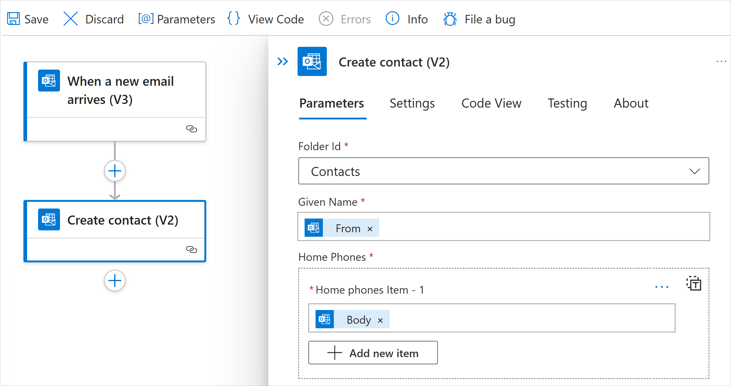 Capture d’écran montrant le portail Azure, le flux de travail Standard, et les paramètres de l’action.