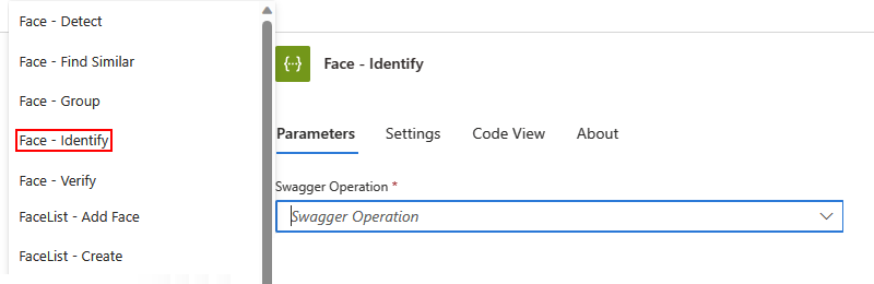 La capture d'écran montre le flux de travail Standard, l'action Visage - Identifier et la liste avec les opérations Swagger.