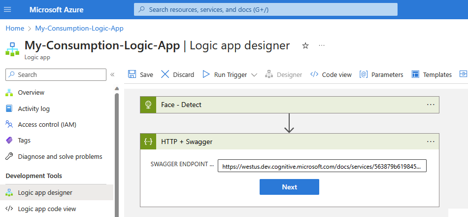 La capture d'écran montre le concepteur de flux de travail de Consommation avec un déclencheur nommé Face - Detect et une action nommée H T T P + Swagger. La propriété URL SWAGGER ENDPOINT est définie sur une valeur URL.