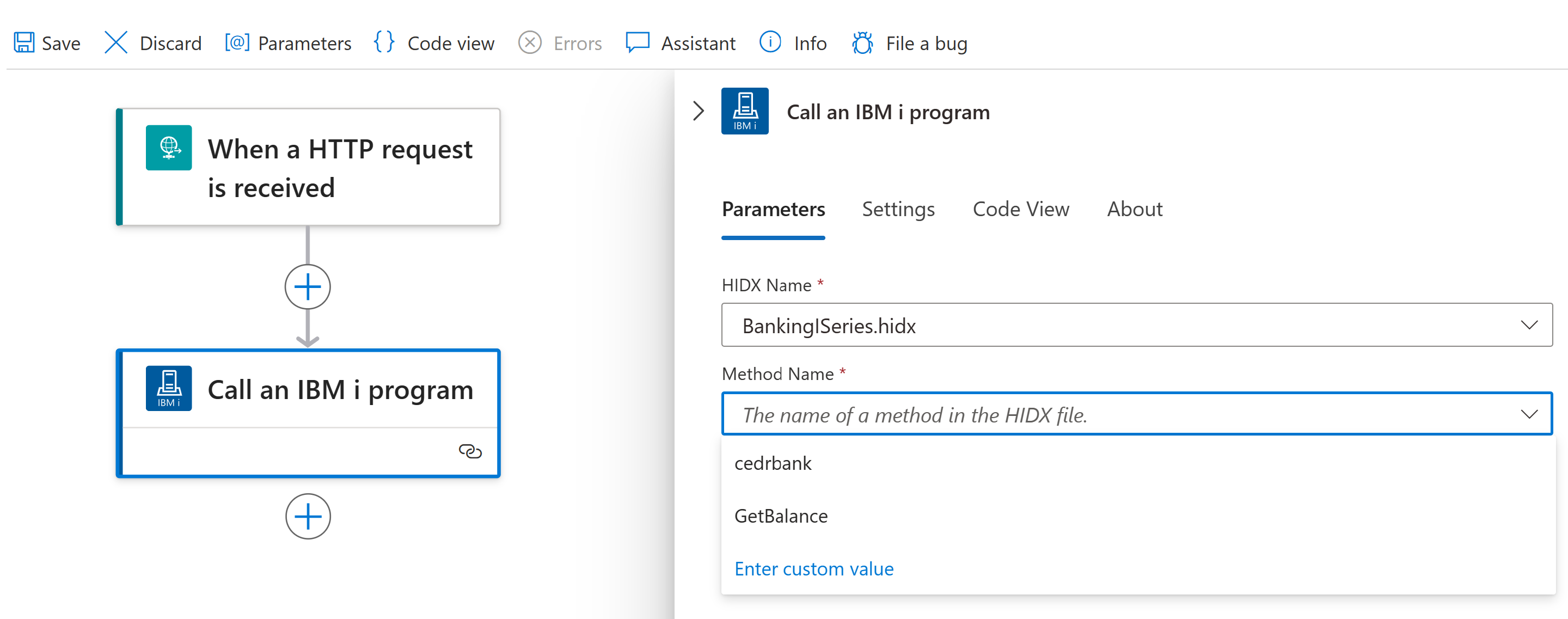 Capture d’écran montrant l’action IBM i avec le fichier et la méthode HIDX sélectionnés.