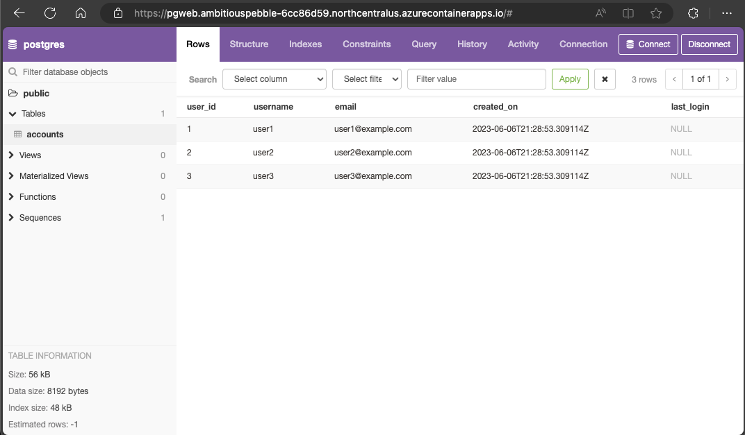 Capture d'écran de l'application de conteneur pgweb se connectant au service PostgreSQL.