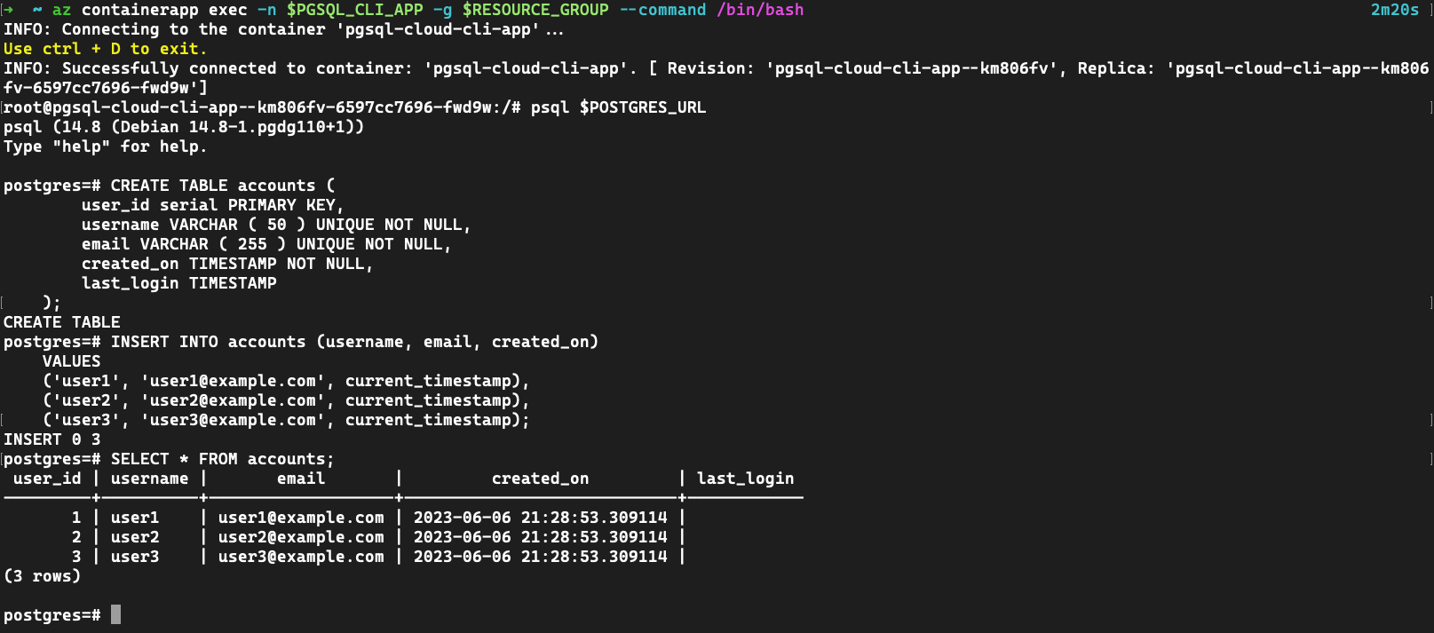 Capture d'écran de l'application de conteneur utilisant pgsql pour se connecter à PostgreSQL, créer une table et ajouter des données.