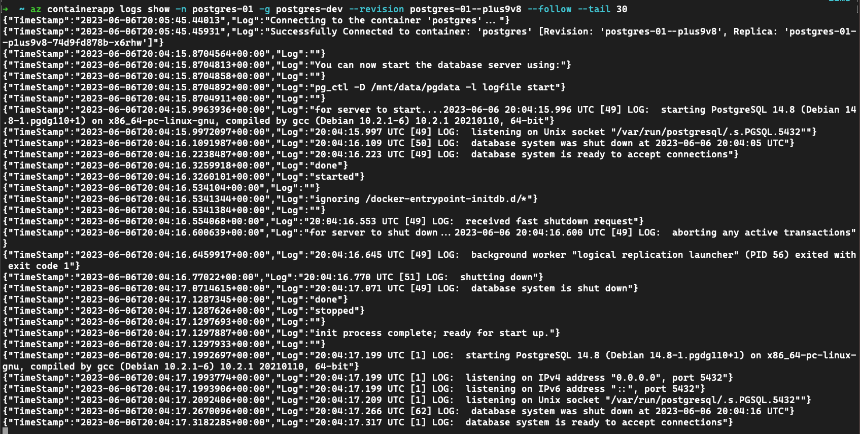 Capture d’écran des journaux du service PostgreSQL d’une application de conteneur.