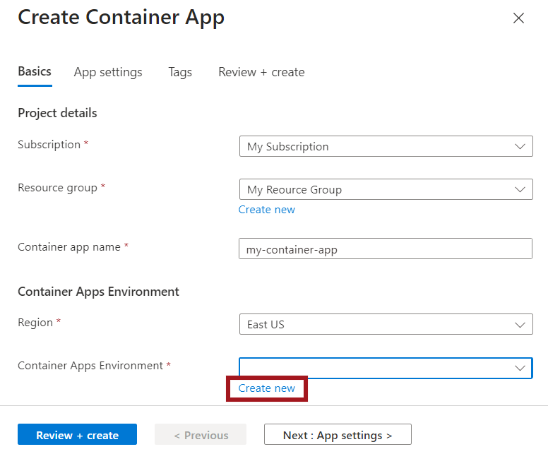 Capture d’écran de la fenêtre Créer un environnement Container Apps.