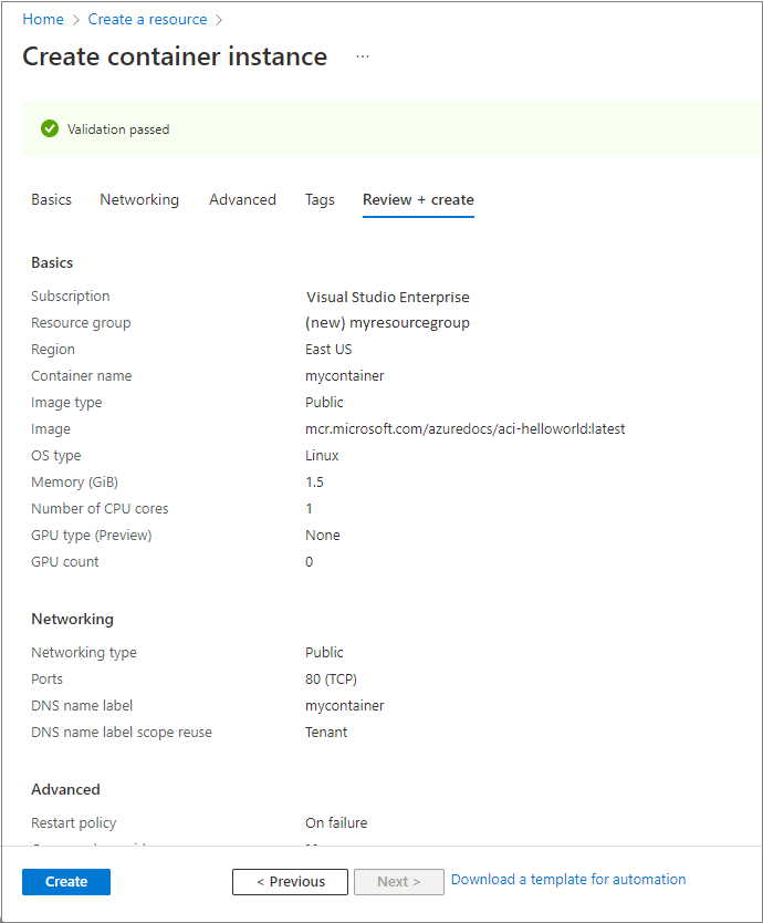 Résumé des paramètres d’une nouvelle instance de conteneur dans le portail Azure