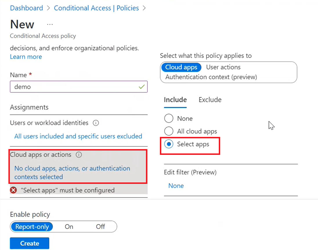 Capture d’écran de la page de création d’une stratégie, où sélectionner des options pour spécifier les applications cloud.