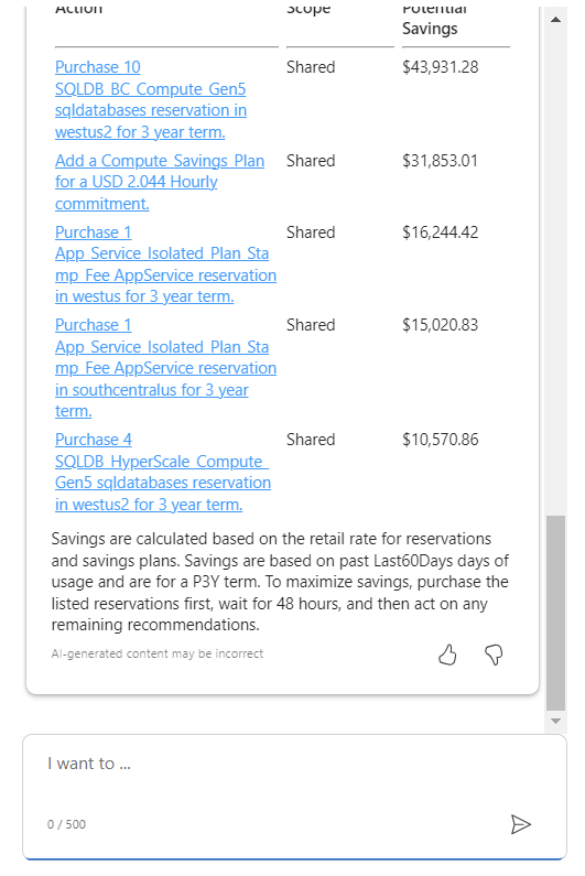 Capture d’écran de Microsoft Azure Copilot poursuivant avec la liste de suggestions pour réduire les coûts.