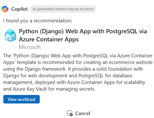 Capture d’écran d’un exemple de modèle de recommandation de Microsoft Azure Copilot (préversion).