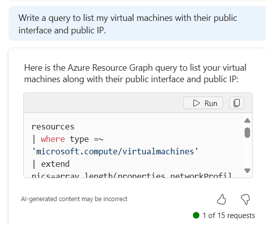 Capture d’écran de Microsoft Azure Copilot répondant à une requête pour lister les machines virtuelles.