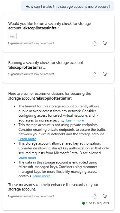 Capture d’écran de Microsoft Azure Copilot fournissant des suggestions sur les meilleures pratiques de sécurité du compte de stockage.