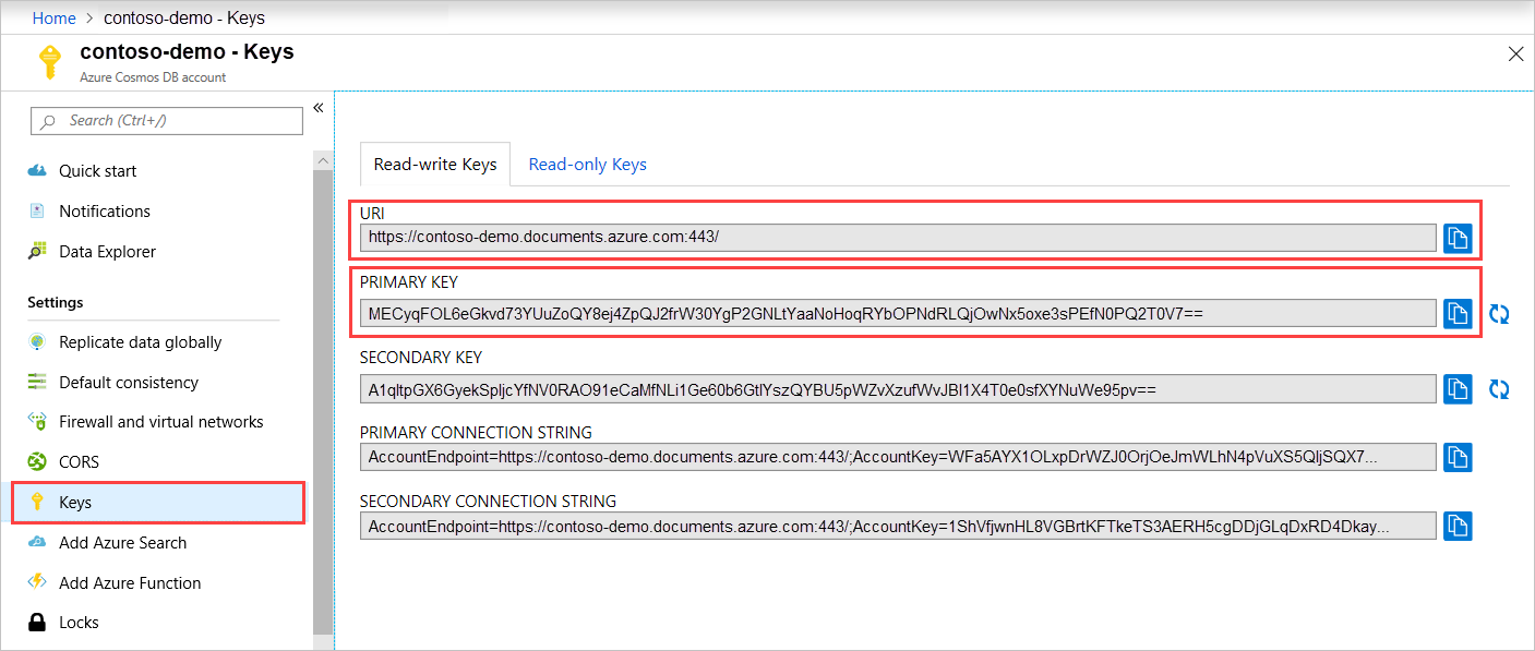 Capture d’écran du portail Azure avec le bouton Clés mis en surbrillance dans la page du compte Azure Cosmos DB