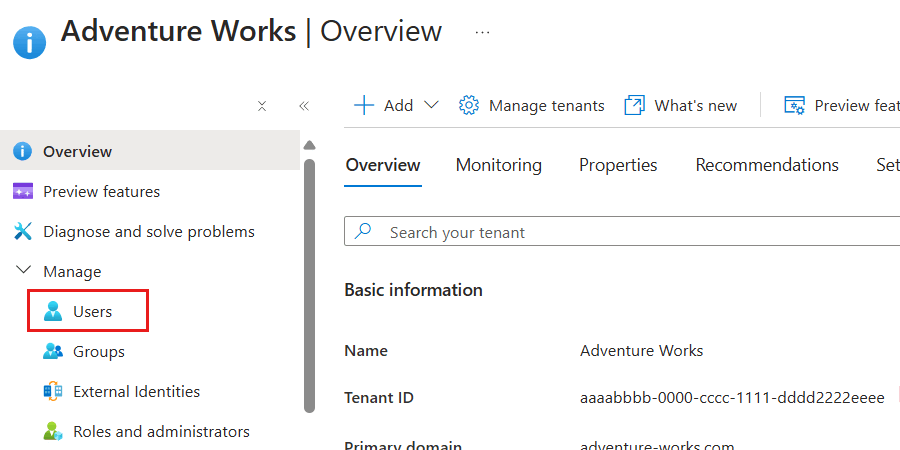 Capture d’écran de l’option « Utilisateurs » dans le menu de service du locataire Microsoft Entra ID.