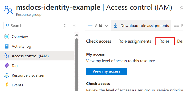 Capture d’écran de l’option « Rôles » dans le volet « Contrôle d’accès (IAM) ».