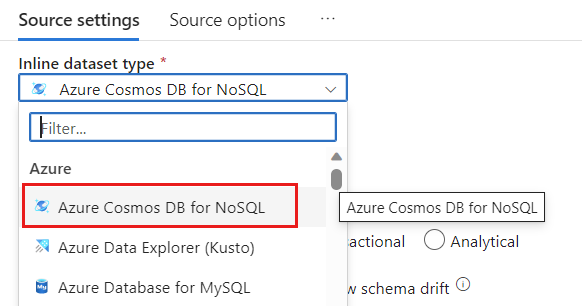 Capture d’écran de la sélection d’Azure Cosmos DB for NoSQL comme type de jeu de données.