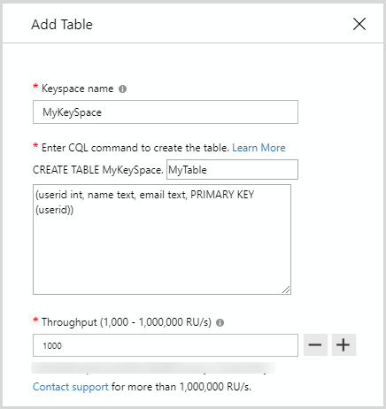 Capture d’écran de l’API pour Cassandra, boîte de dialogue Ajouter une table