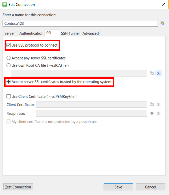 Capture d’écran de l’onglet SSL du gestionnaire de connexions Studio 3T