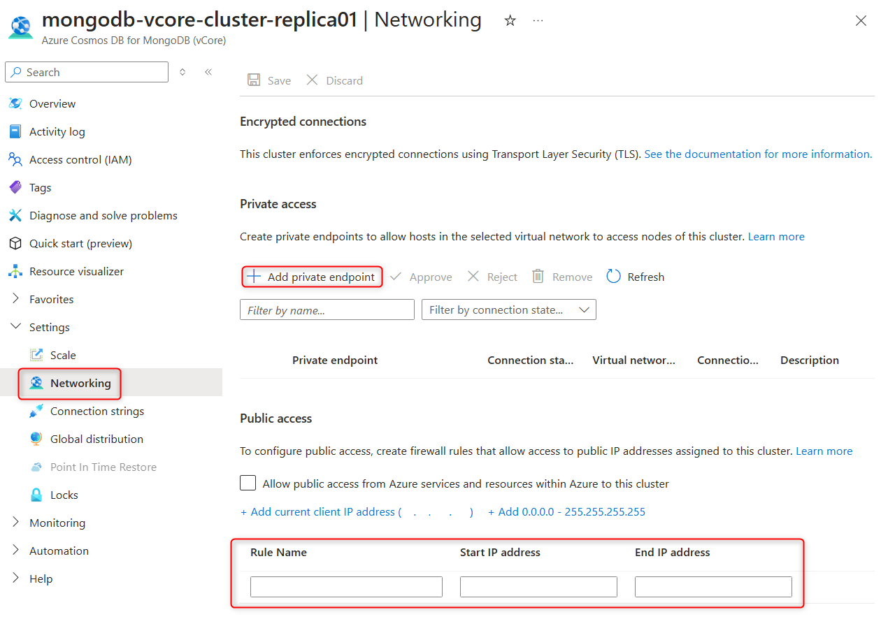 Capture d’écran de la page Mise en réseau du cluster de réplica dans Portail Azure.