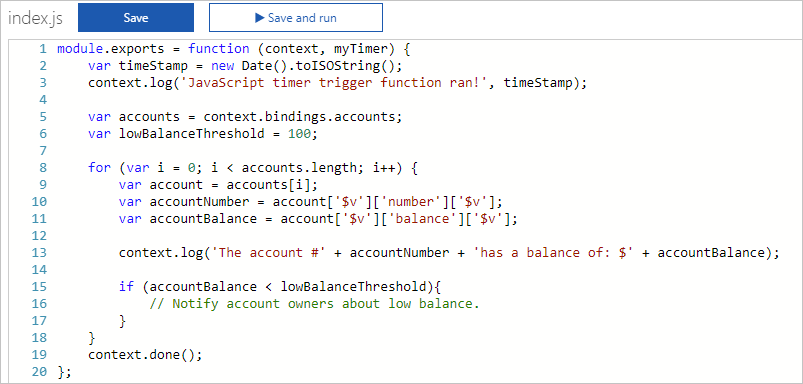 Fichier index.js pour un déclencheur de minuteur dans un scénario financier