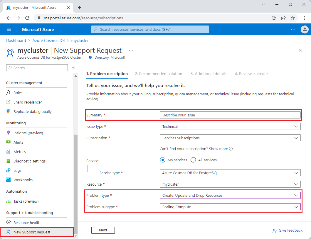 Capture d’écran montrant une demande de support dans le Portail Azure.