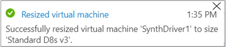 Capture d’écran illustrant la notification de redimensionnement correct d’une machine virtuelle.