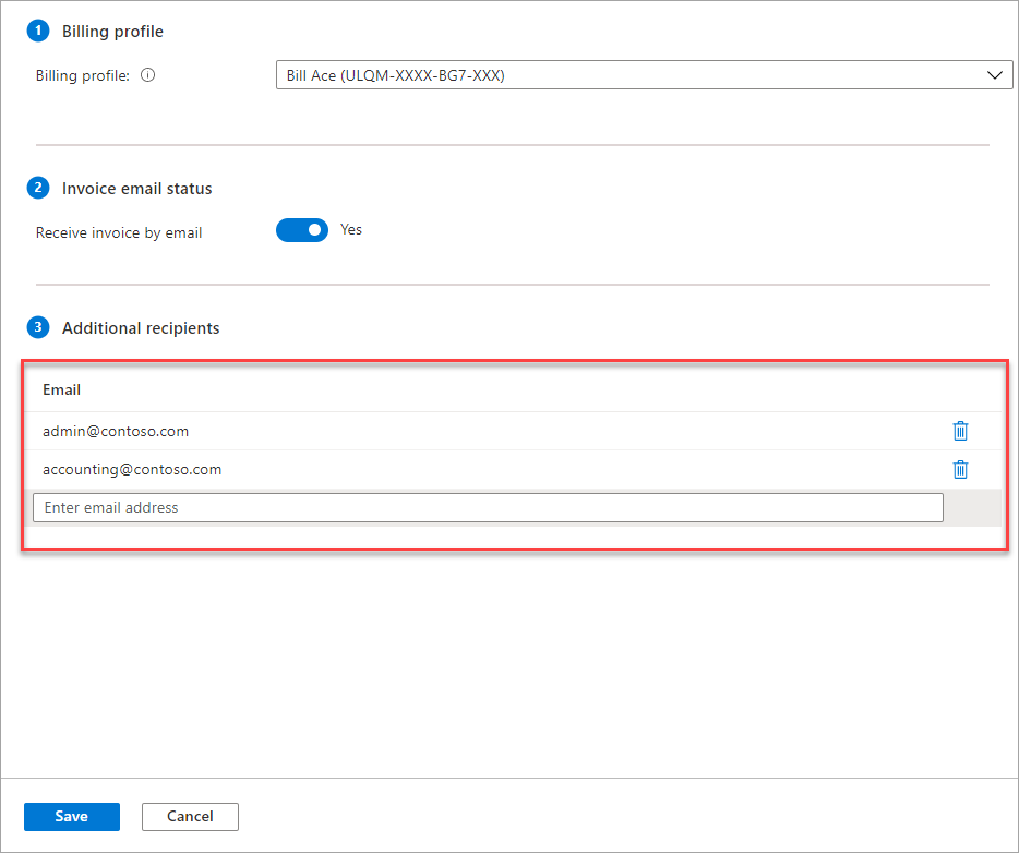 Capture d’écran illustrant des destinataires supplémentaires de l’adresse e-mail pour la facture.