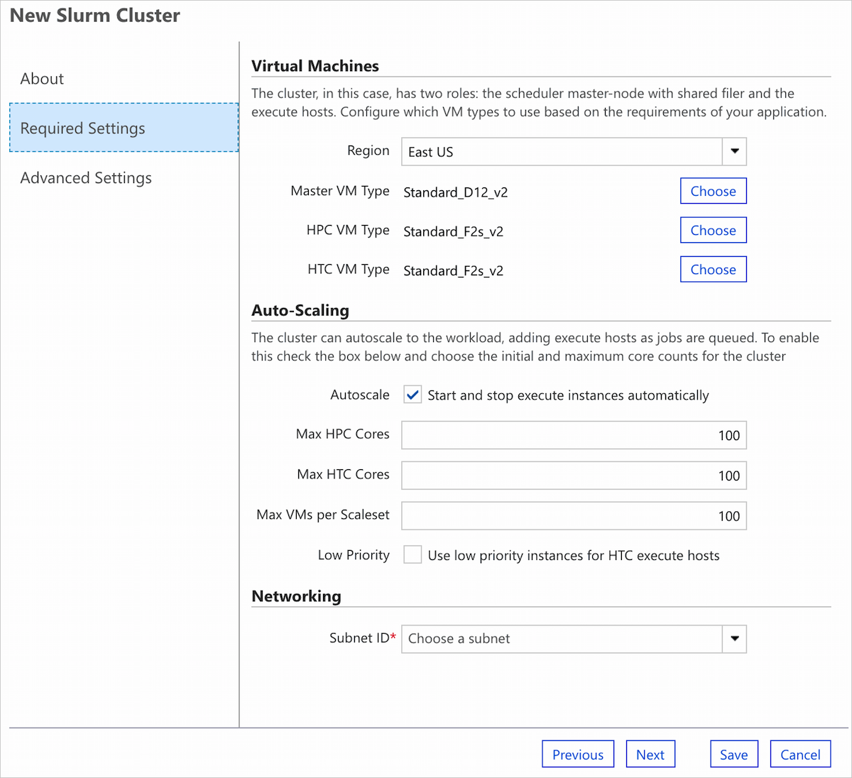 Formulaire CycleCloud New Cluster