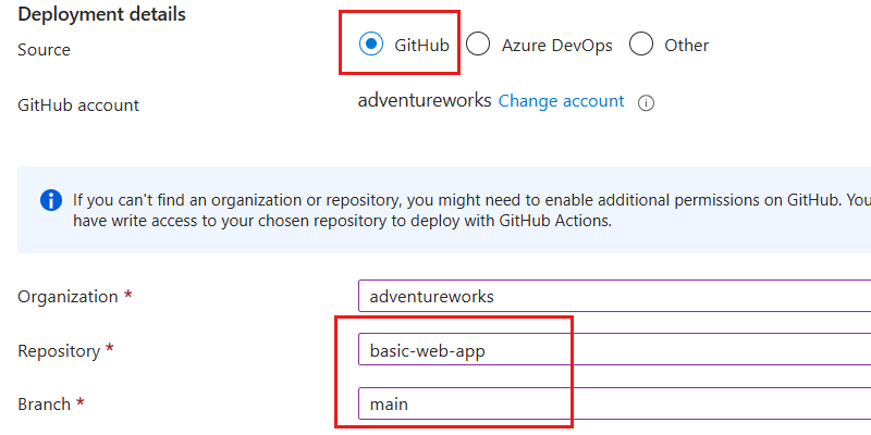 Capture d’écran de l’onglet « De base » de la page « Créer une application web statique » dans le portail Azure.