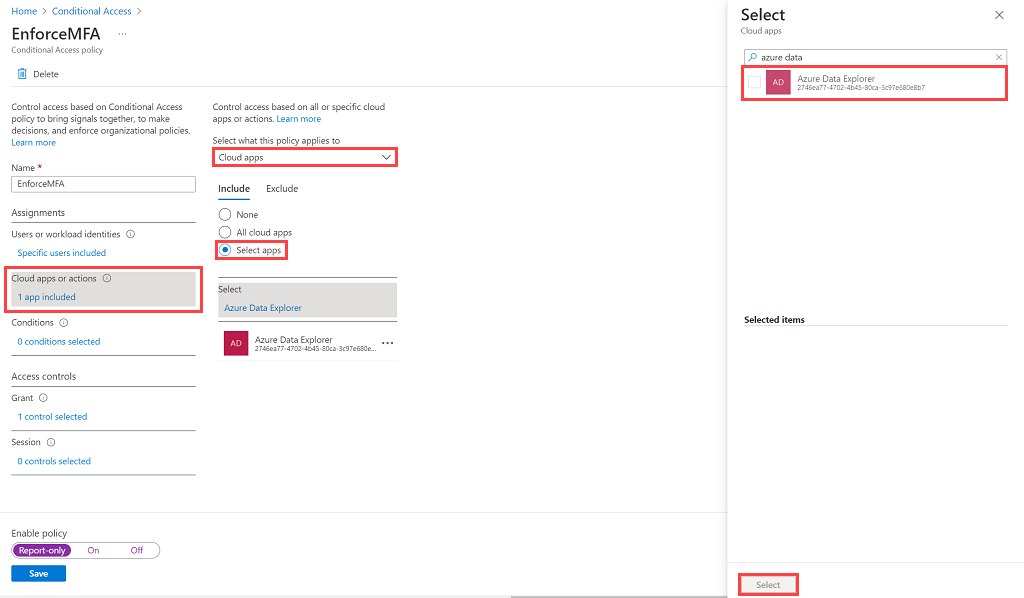 Capture d’écran de la section Applications cloud montrant la sélection de l’application Azure Data Explorer.