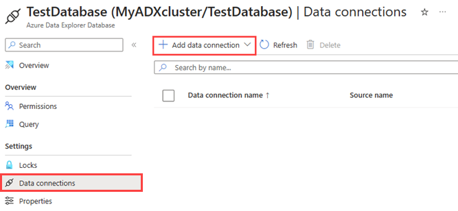 Capture d’écran de la page des connexions de données. L’option qui permet d’ajouter une connexion de données est mise en surbrillance.