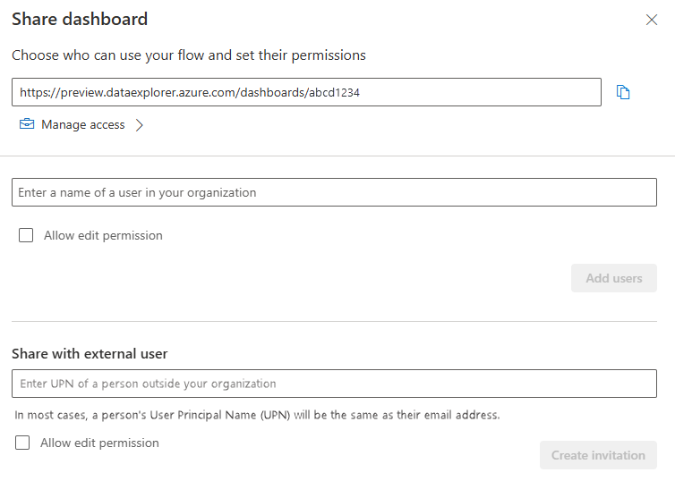 Capture d’écran du partage d’un tableau de bord Azure Data Explorer sur un locataire externe.