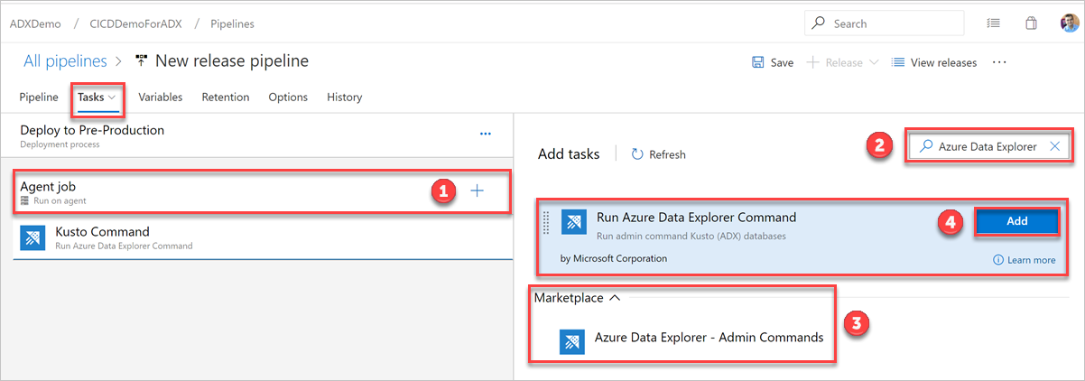 Capture d’écran montrant comment ajouter une commande d’administrateur Azure Data Explorer.