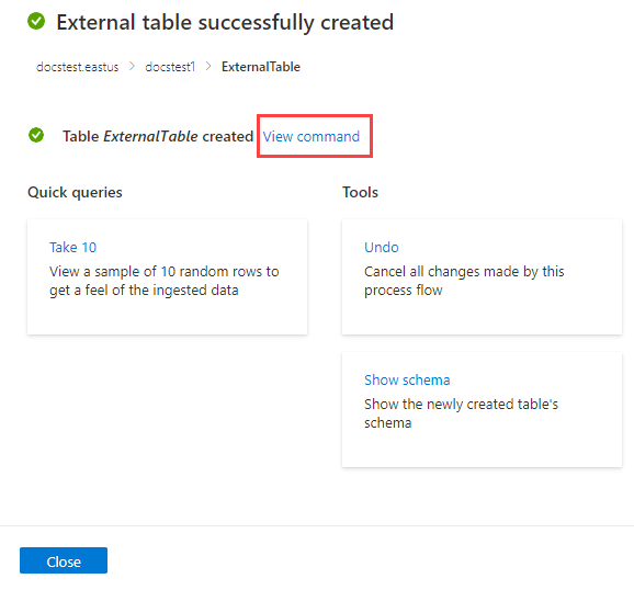 Capture d’écran de la création réussie d’une table externe dans Azure Data Explorer.