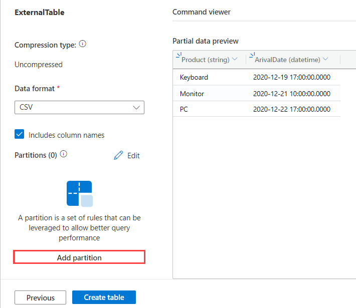 Capture d’écran du fichier d’affichage de la table externe dans Azure Data Explorer.