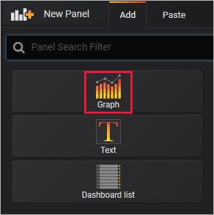 Capture d’écran de la page pour l’ajout d’un panneau, avec l’option de graphe mise en surbrillance.