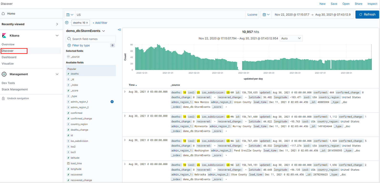 Capture d’écran de l’onglet Découvrir dans Kibana.