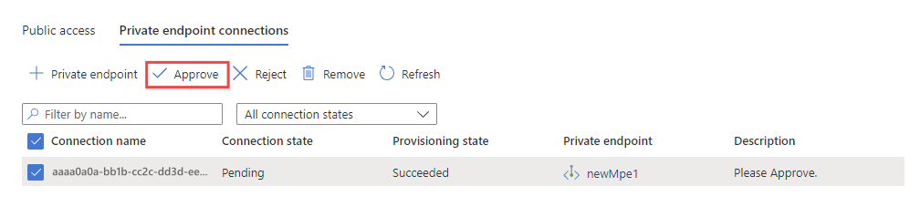 Capture d’écran montrant l’approbation du point de terminaison privé managé vers le service Event Hubs dans la page relative au réseau.