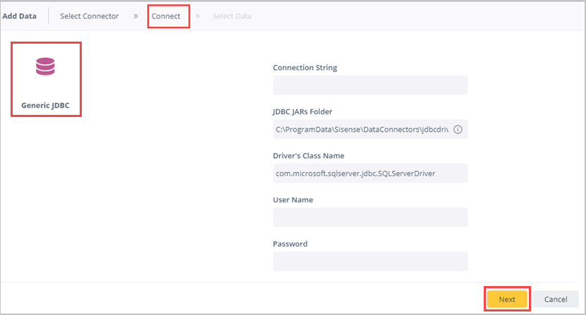 Paramètres du connecteur JDBC.