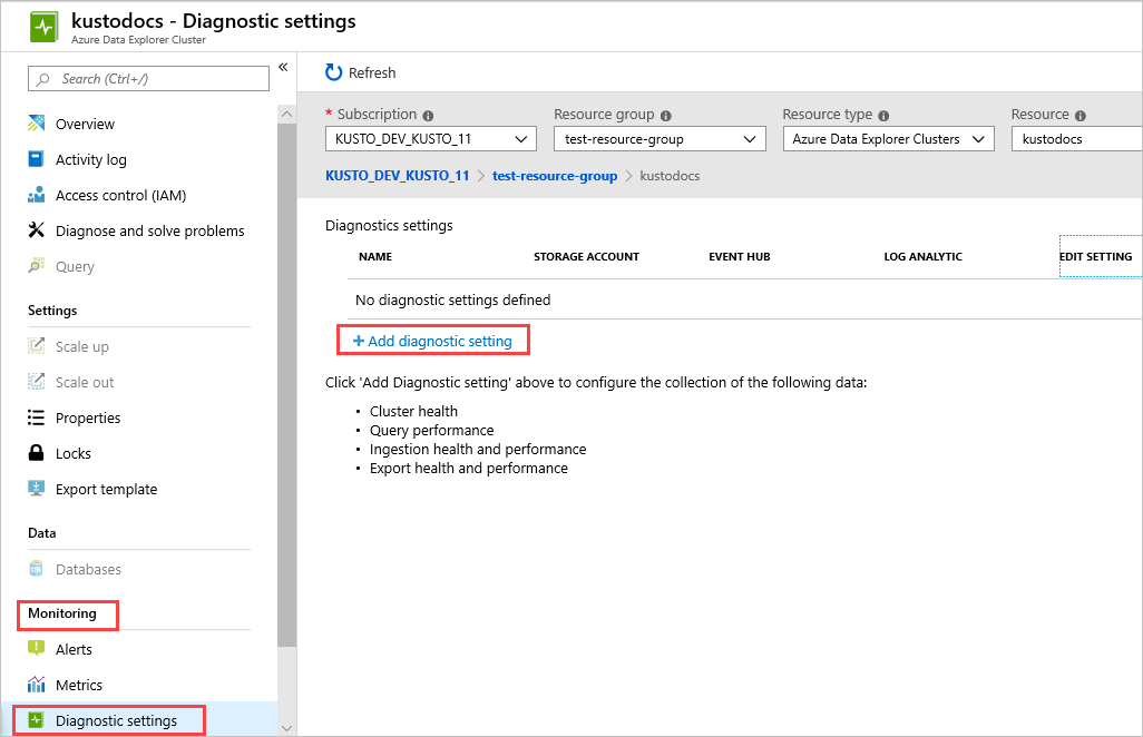 Capture d’écran montrant la page Paramètres de diagnostic dans laquelle vous pouvez ajouter un paramètre.